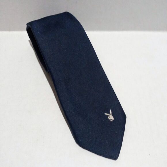 Vintage Playboy Narrow Neck Tie-Embroidered Bunny-Navy-Silk Blend-Made In Italy - Picture 1 of 6